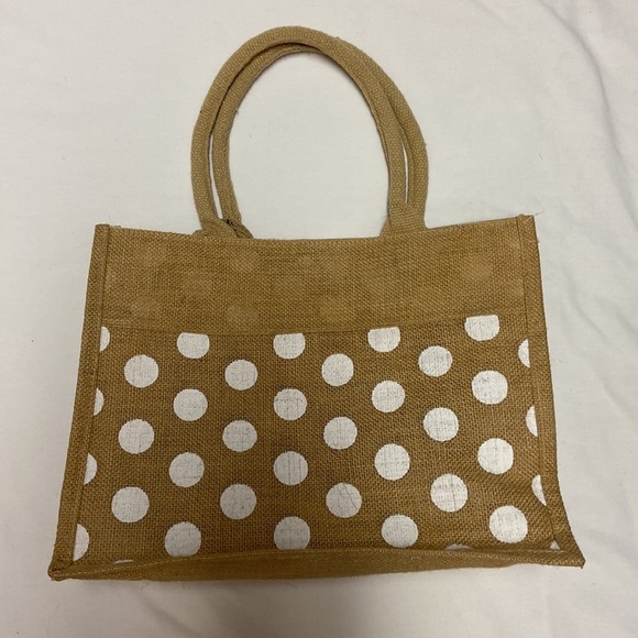 Jute Grocery/Beach Bag Tan/White Polka Dot - Picture 3 of 13